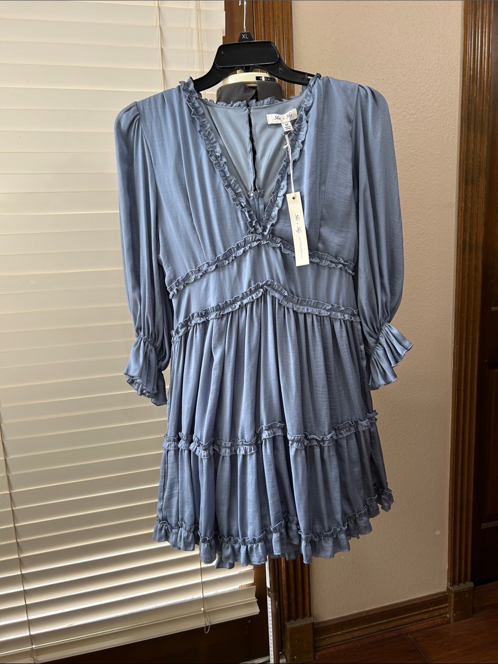 She + Sky Tiered Ruffle V-Neck Dress in Dusty Blue Medium NWT